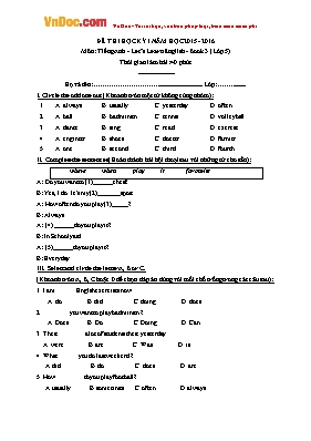 Đề và đáp án thi học kì I môn Tiếng anh lớp 5 - Năm học 2015-2016